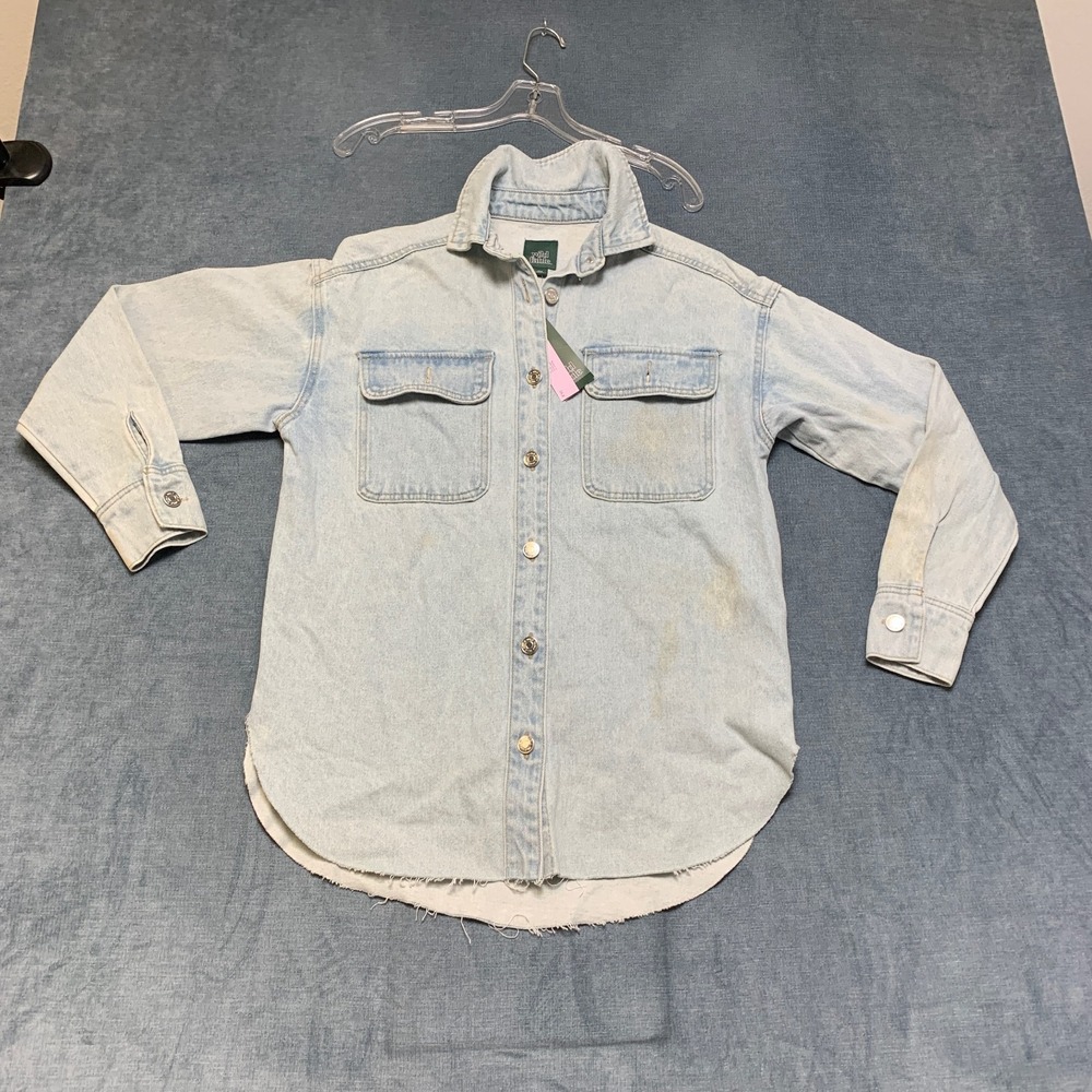 Wild Fable Denim Shirt Women 2XS Blue Collared Chest Pockets Round Hem Button Up